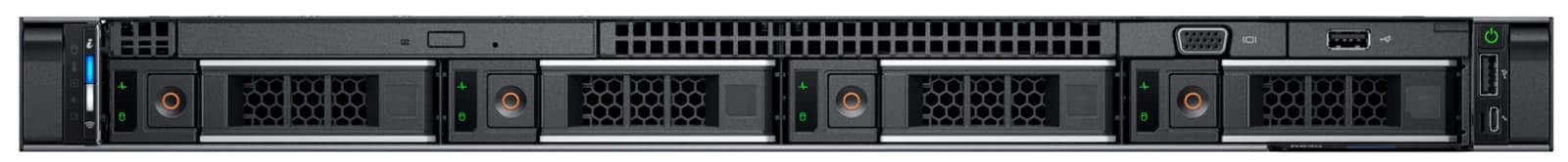 Dell PowerEdge R640 front: four 3.5-inch hot-plug bays, status panel at the left, VGA, USB and power button at the right