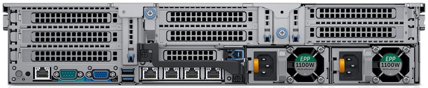 Dell PowerEdge R740 rear: three PCIe risers carrying slots 1 to 8, the iDRAC, serial, VGA and USB ports, four rNDC ports and two 1100 W supplies