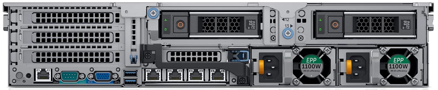 Rear of a Dell PowerEdge R740xd: 3.5-inch drive carriers in rear bays 12 and 13, three PCIe riser openings, iDRAC, serial, VGA, four RJ45, two PSUs