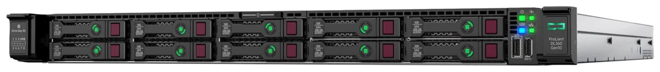 HPE ProLiant DL360 Gen10 front: ten 2.5-inch carriers in two rows of five, bay-ID plate, power and UID buttons, iLO service port and USB 3.0