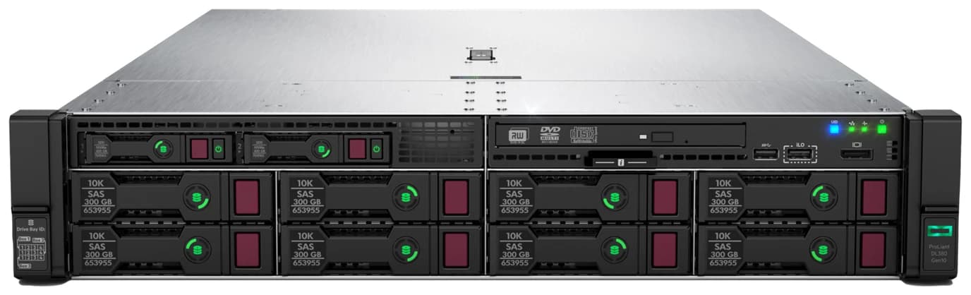 DL380 Gen10 front: eight 2.5-inch SAS bays, two premium bays, an optical drive and the media-bay ports, with the model badge at the right