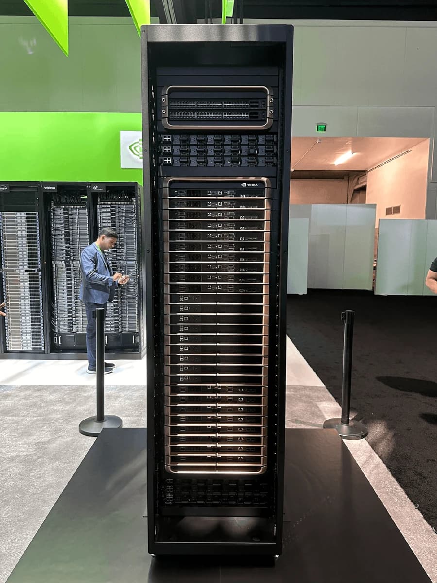 NVIDIA GB200 NVL72 rack-scale liquid-cooled AI system — 72 Blackwell GPUs and 36 Grace CPUs