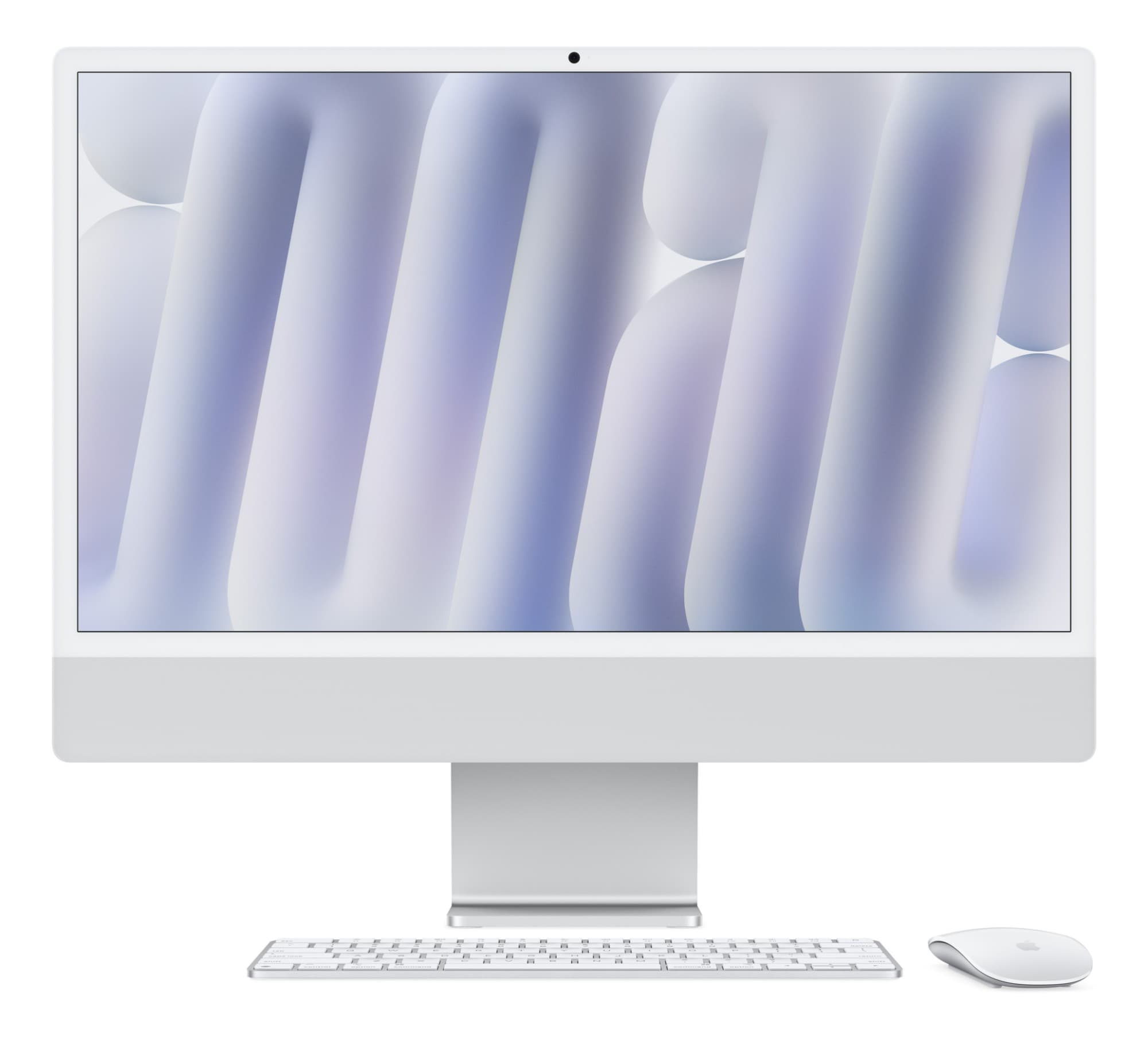 Apple iMac 24-inch with M4 chip in Silver — front view with colour-matched Magic Keyboard and Magic Mouse