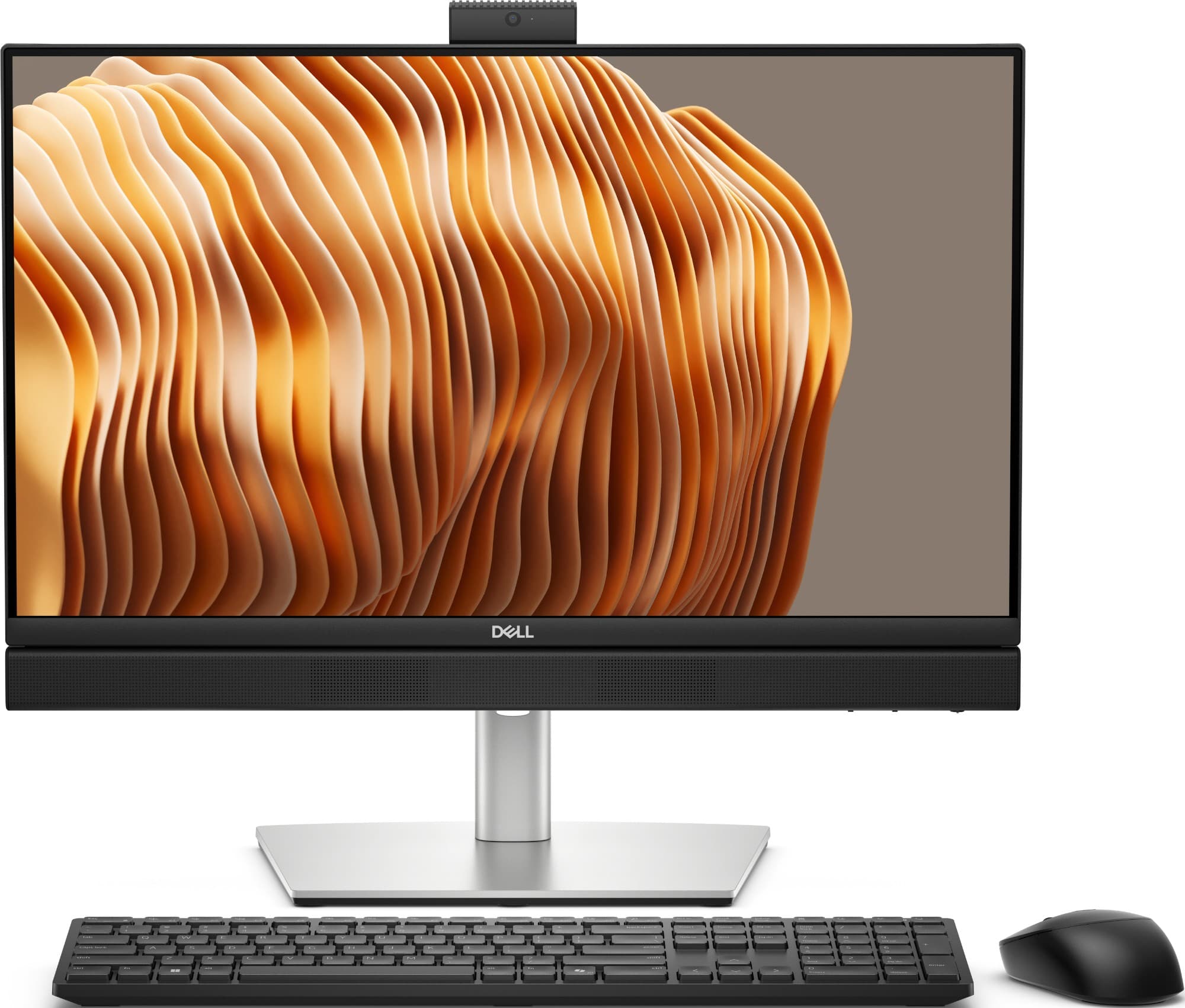 Dell Pro 24 All-in-One Plus (QB24250) — front view with 23.8-inch FHD display, pop-up camera raised, wireless keyboard and mouse