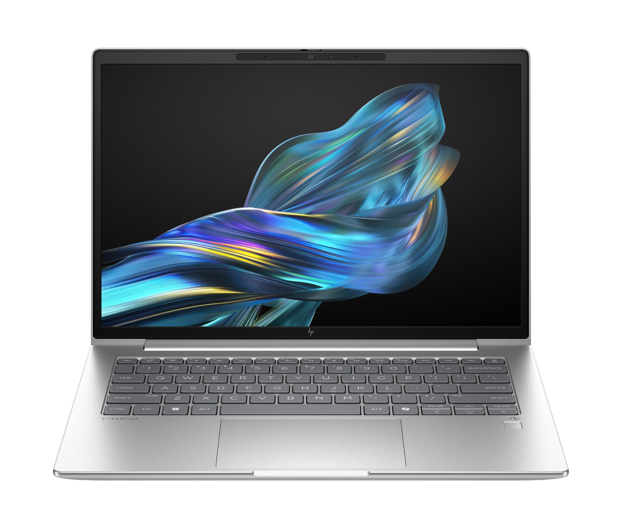 HP EliteBook 6 G1q 14-inch business laptop in Pike silver, shown open at an angle with the keyboard and 16:10 display visible