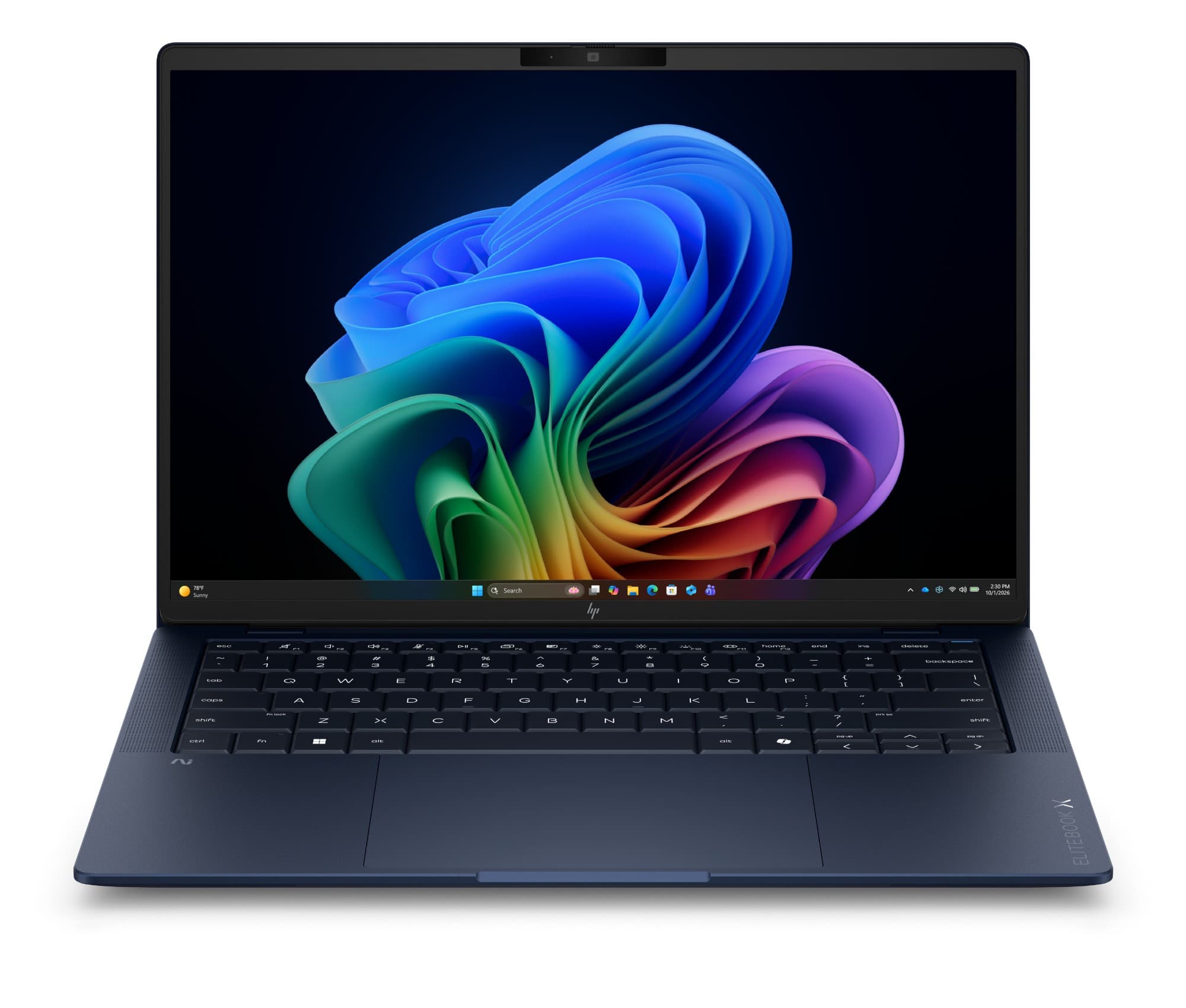 HP EliteBook X G2 14 inch AI business laptop in Atmospheric Blue, shown open at an angle with the 14-inch display and backlit keyboard visible