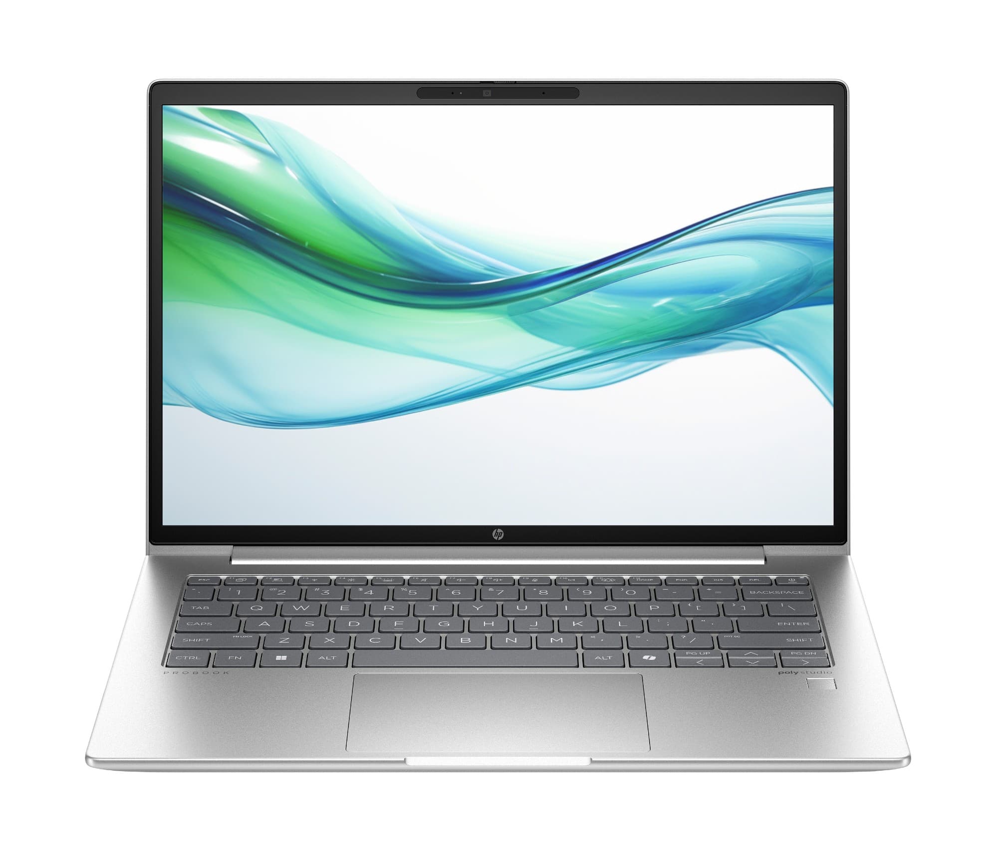HP ProBook 445 G11 14-inch AMD Ryzen business laptop in Pike Silver, open front view