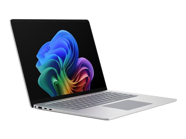 Microsoft Surface Laptop 8 for Business in Platinum, open at an angle showing the PixelSense touchscreen and backlit keyboard