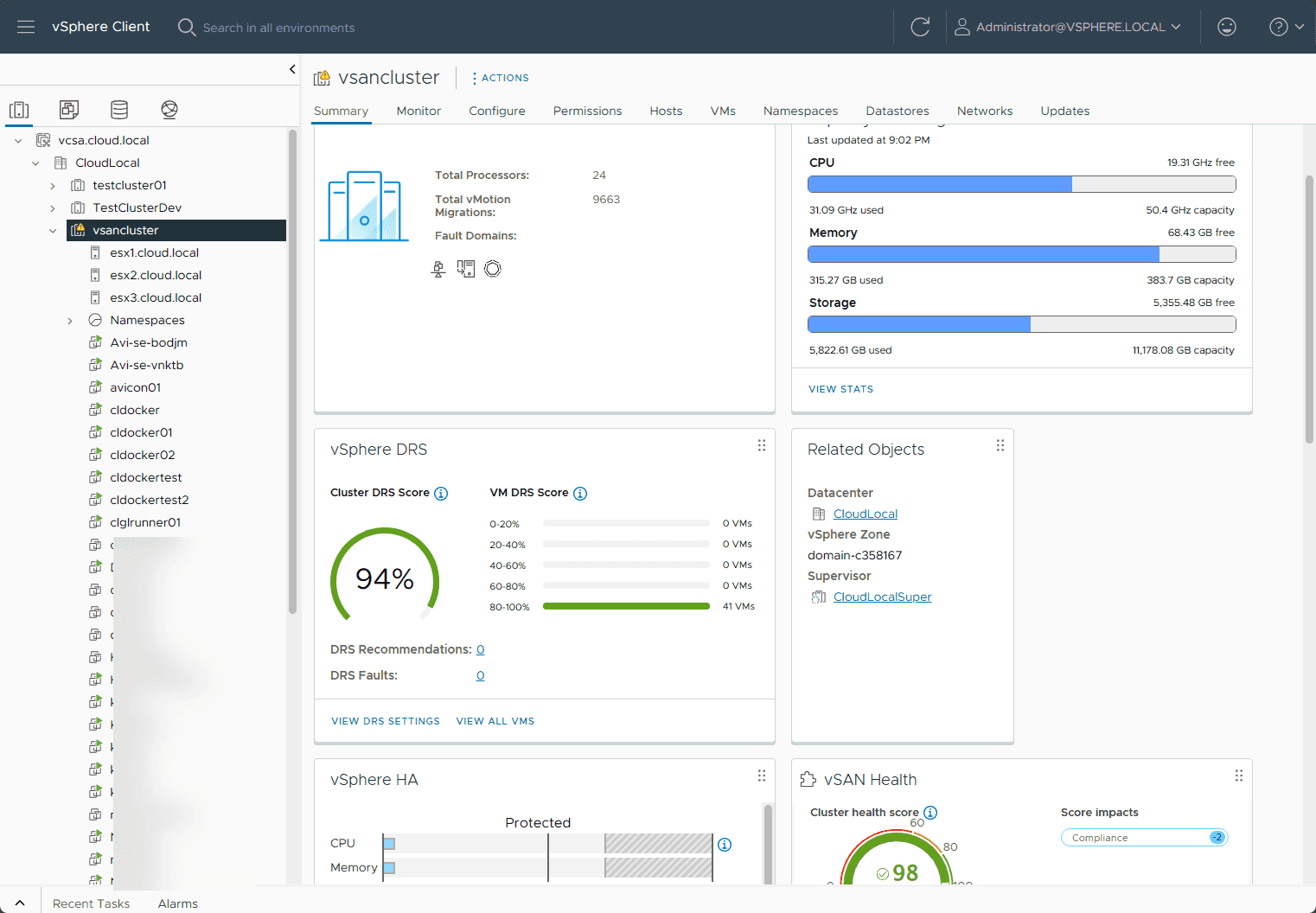VMware vSAN 8 Express Storage Architecture management dashboard in vCenter