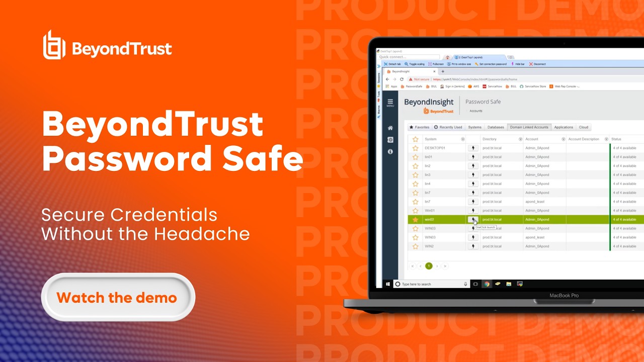 BeyondTrust Password Safe dashboard — privileged password management showing automated credential discovery, vault, just-in-time access, session recording, and automated credential rotation for Windows, Linux, and cloud accounts