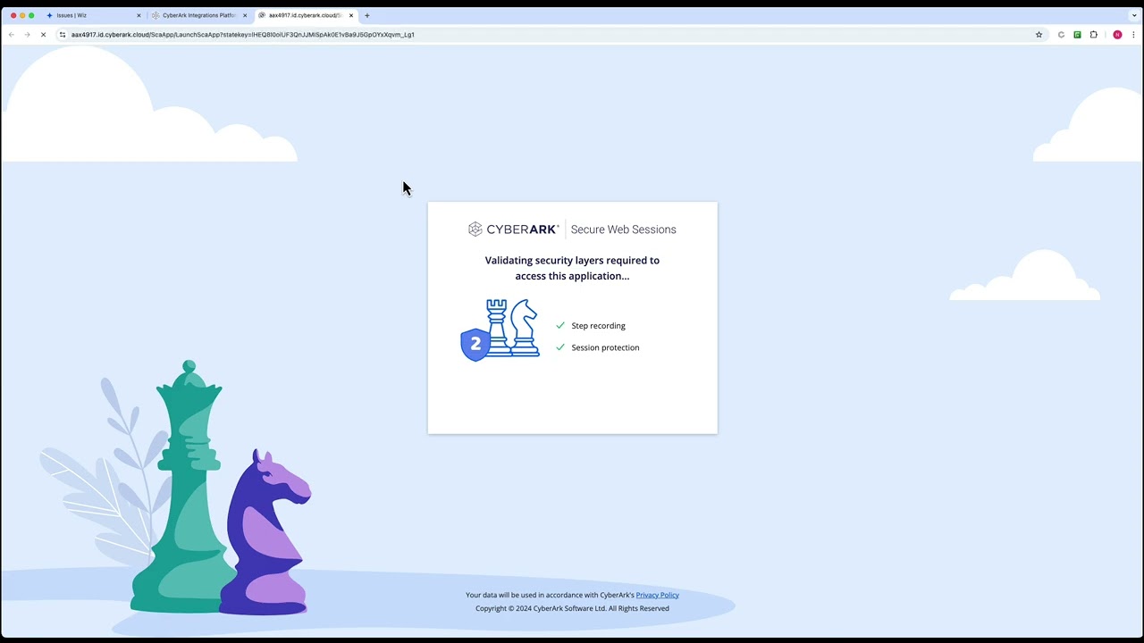 CyberArk Privilege Cloud — cloud-native PAM platform showing multi-cloud security integration with Wiz, excessive privilege detection, just-in-time access provisioning, and zero standing privilege enforcement across AWS and Azure