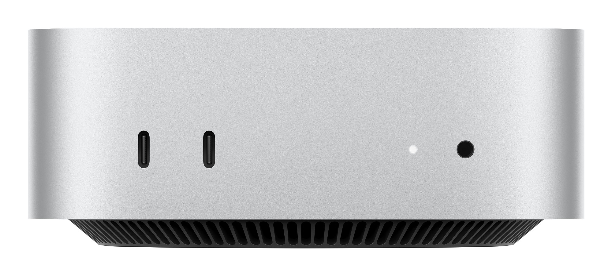 Apple Mac mini M4 in Silver — front view with USB-C ports and headphone jack
