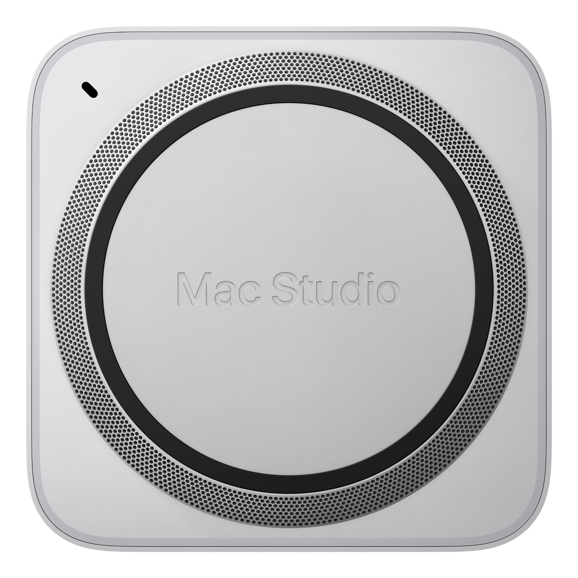 Apple Mac Studio — aluminium enclosure detail with engraved logo and circular cooling vents