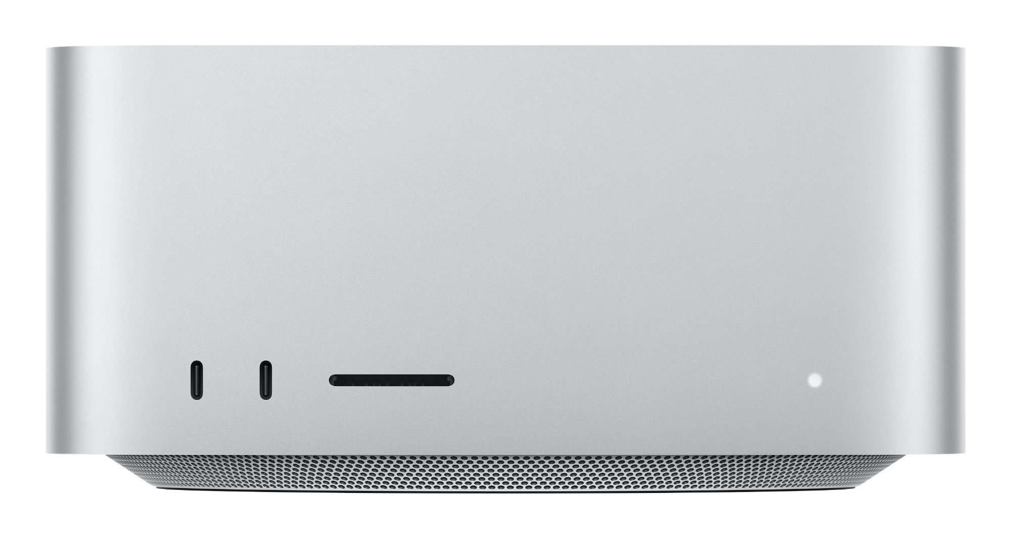 Apple Mac Studio M4 Max in Silver — front view with Thunderbolt ports and SDXC card slot