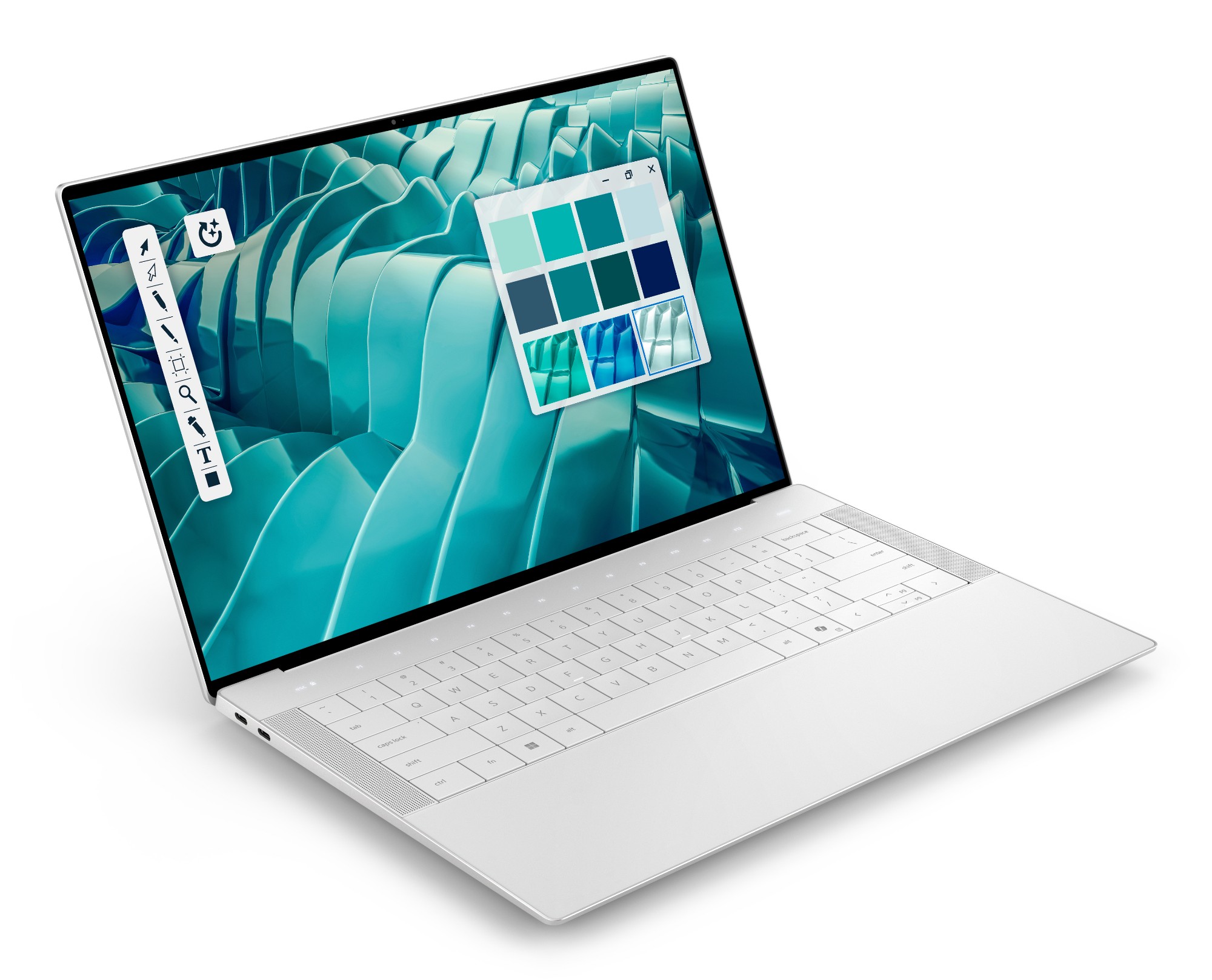 Dell 14 Premium (DA14250) — angled open view showing the CNC-machined aluminium chassis and seamless glass haptic touchpad
