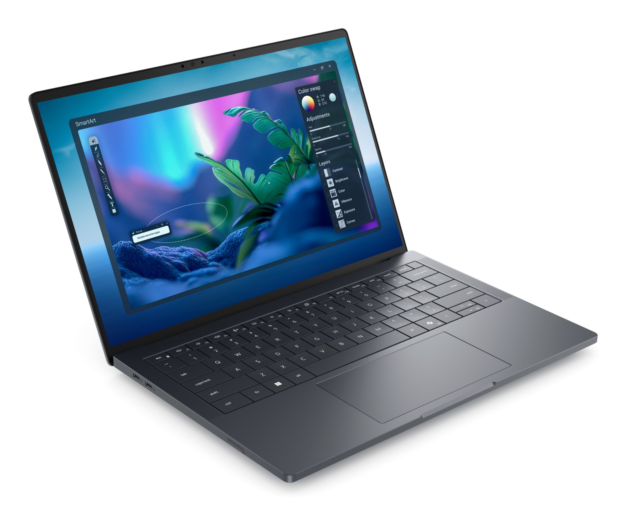 Dell Pro Max 14 Premium (MA14250) — angled open view showing the zero-lattice backlit keyboard and haptic touchpad