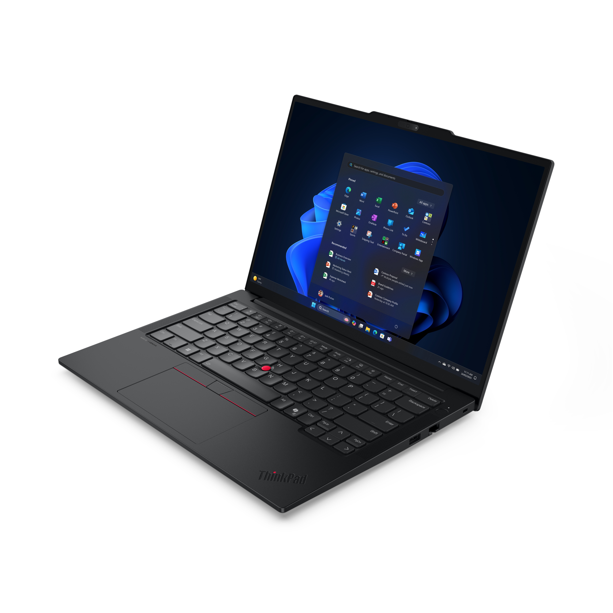 Lenovo ThinkPad E14 Gen 7 — angled view showing the backlit UK keyboard with Copilot key, TrackPoint and clickpad