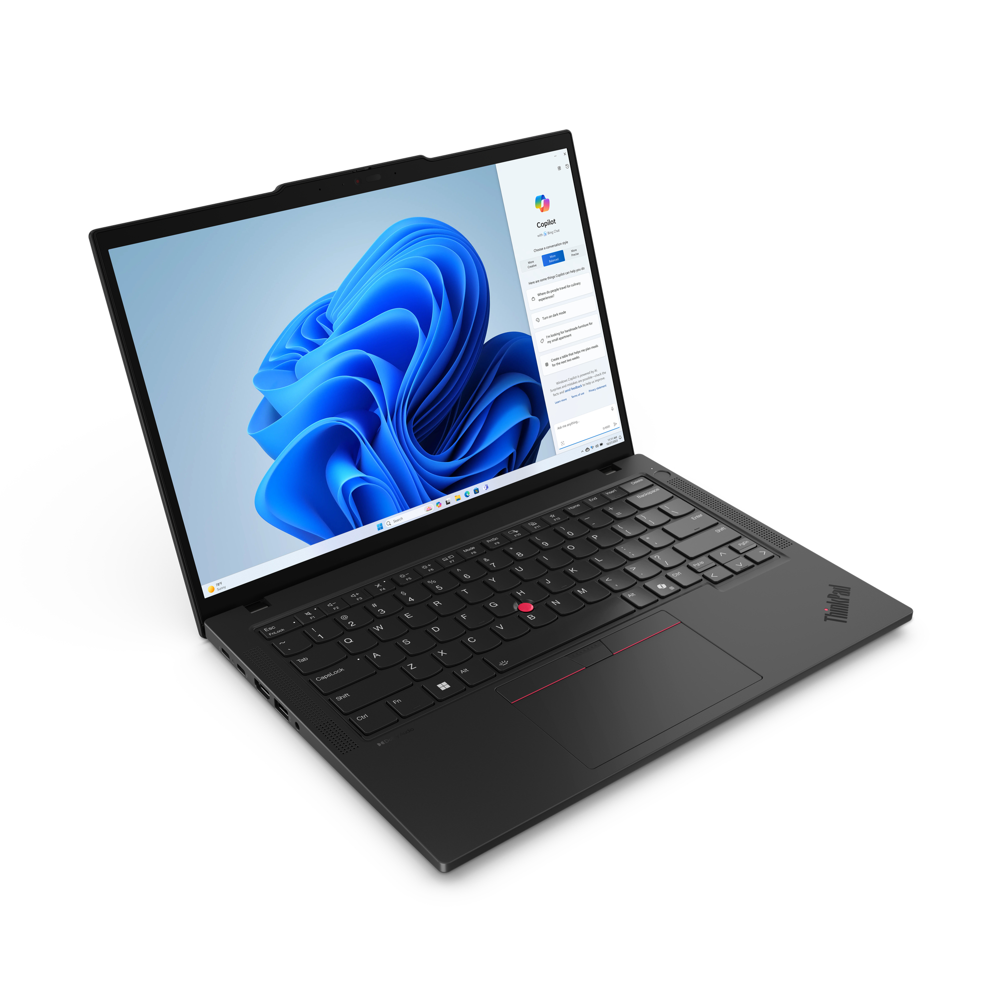 Lenovo ThinkPad T14 Gen 5 (Intel) — alternative angled view showing the port selection and TrackPoint keyboard