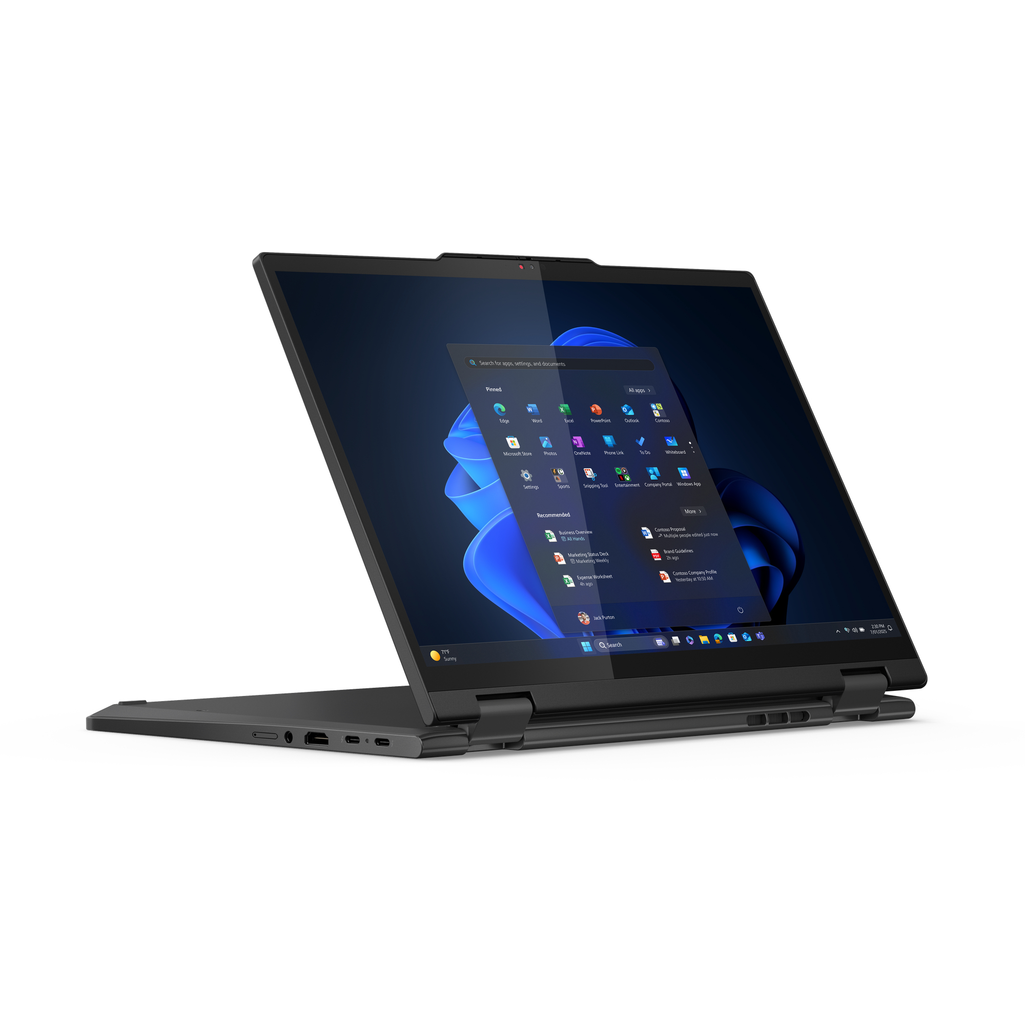 Lenovo ThinkPad T14s 2-in-1 Gen 1 — angled view showing the 360° hinge, backlit keyboard and TrackPoint
