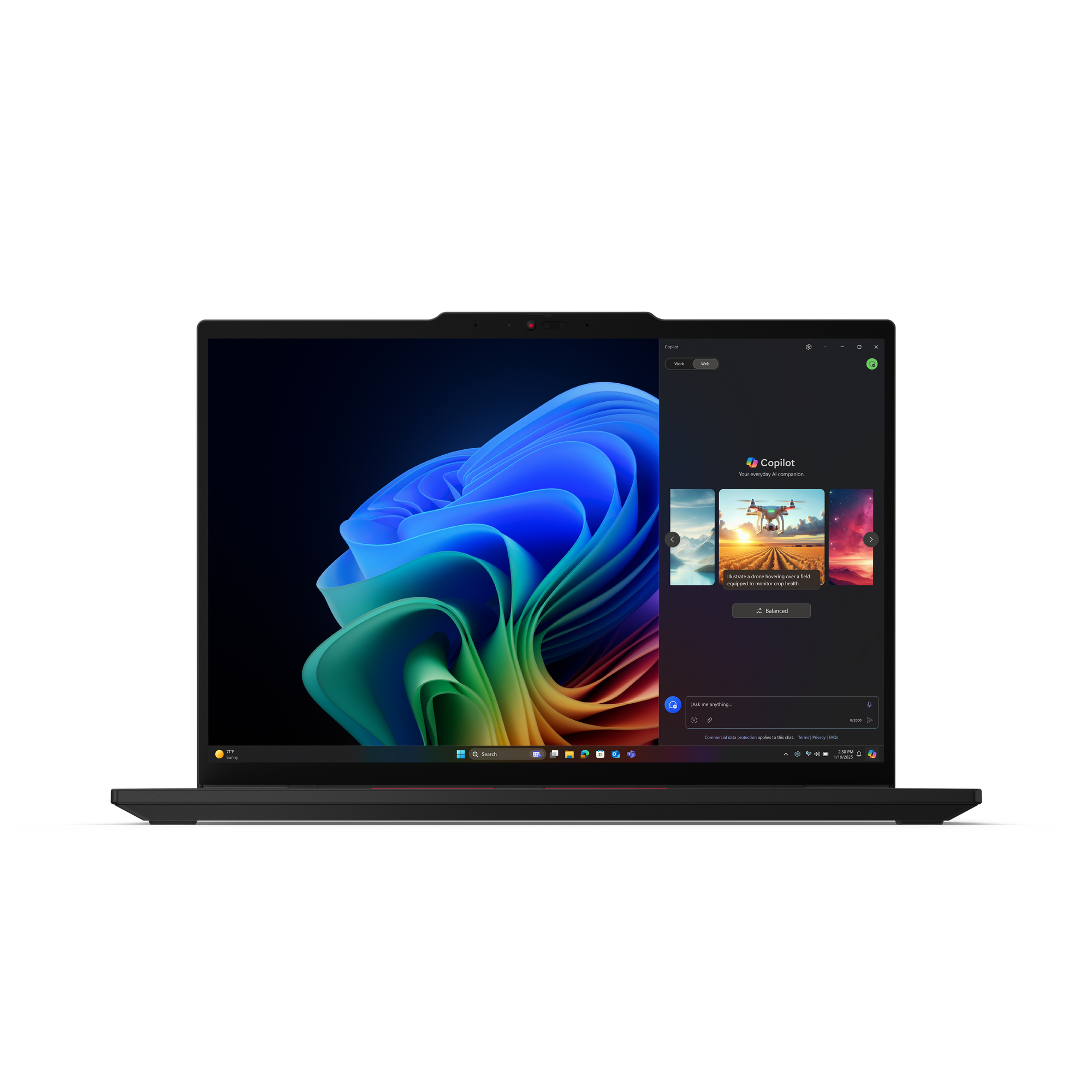 Lenovo ThinkPad T14s Gen 6 — angled view showing the backlit ThinkPad keyboard with TrackPoint and Copilot key