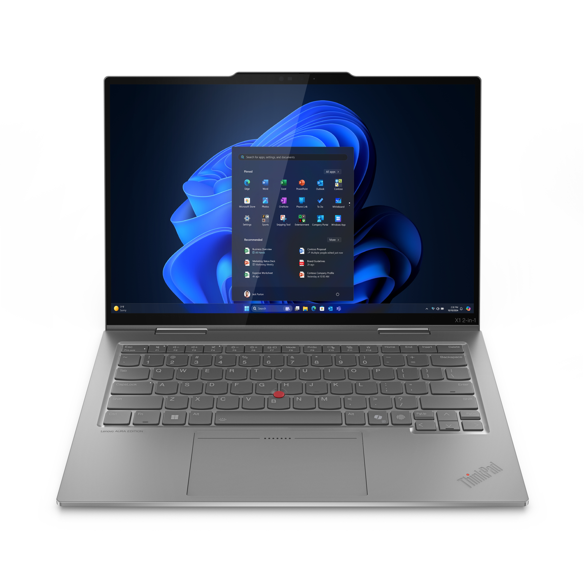 Lenovo ThinkPad X1 2-in-1 Gen 10 Aura Edition in Grey — front view of the 14-inch WUXGA touch business convertible