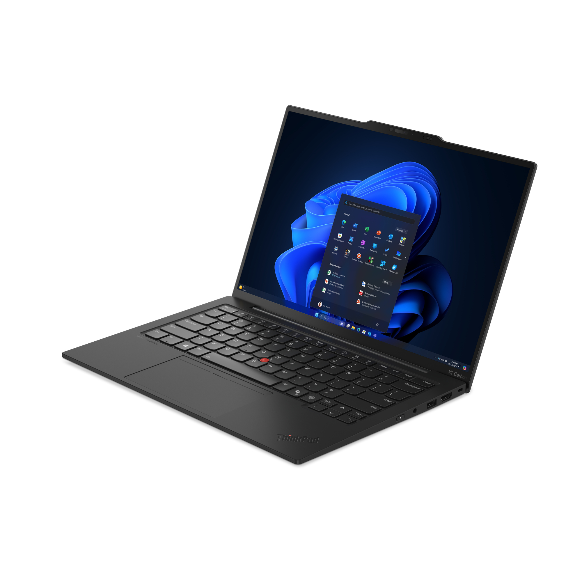 Lenovo ThinkPad X1 Carbon Gen 13 — alternative angled view of the black carbon-fibre chassis, keyboard and TrackPoint
