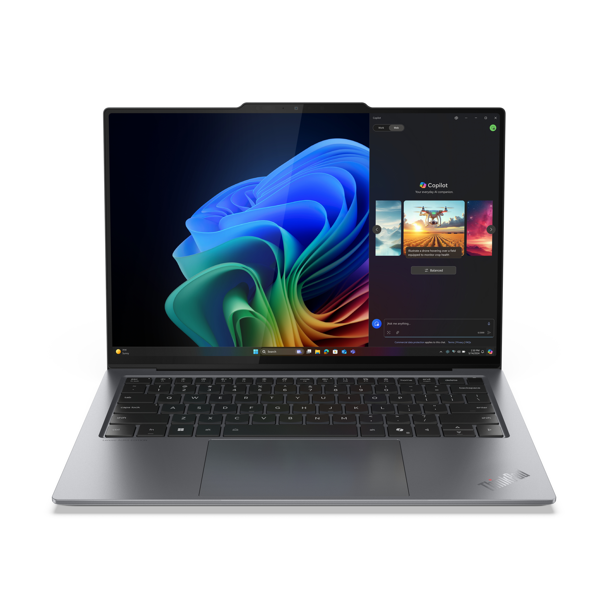 Lenovo ThinkPad X9-14 Aura Edition (21QA0017UK) in Grey — front view of the 14-inch WUXGA OLED Copilot+ business laptop