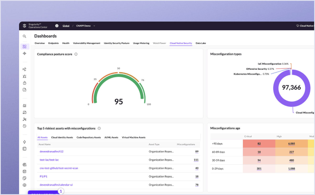 SentinelOne Singularity Cloud Security CNAPP Dashboard — multi-cloud workload protection for AWS, Azure and GCP with runtime threat detection, CSPM misconfiguration scanning, and Kubernetes security