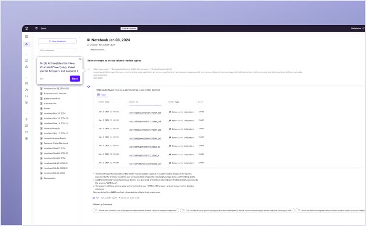 SentinelOne Purple AI Dashboard — agentic AI SOC analyst answering natural language threat hunting queries and providing contextual investigation summaries in real time