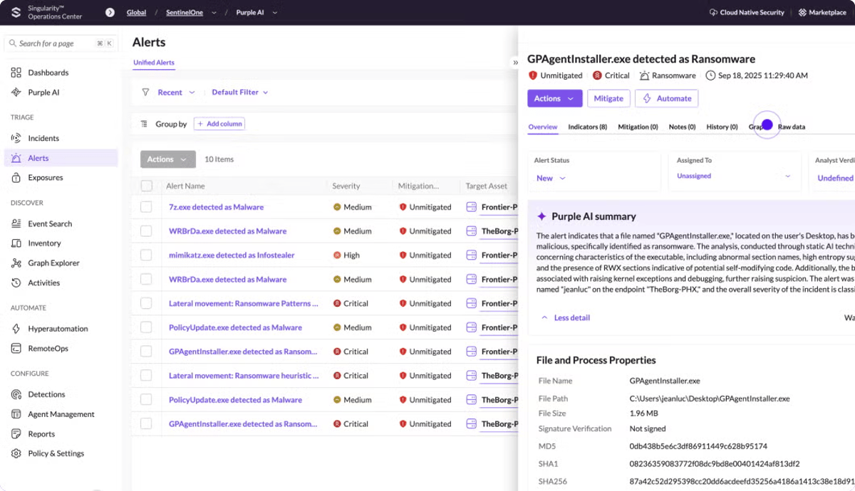 SentinelOne Singularity Complete Dashboard — AI-powered endpoint detection and response showing threat investigation, attack Storyline™ visualisation, and one-click autonomous remediation