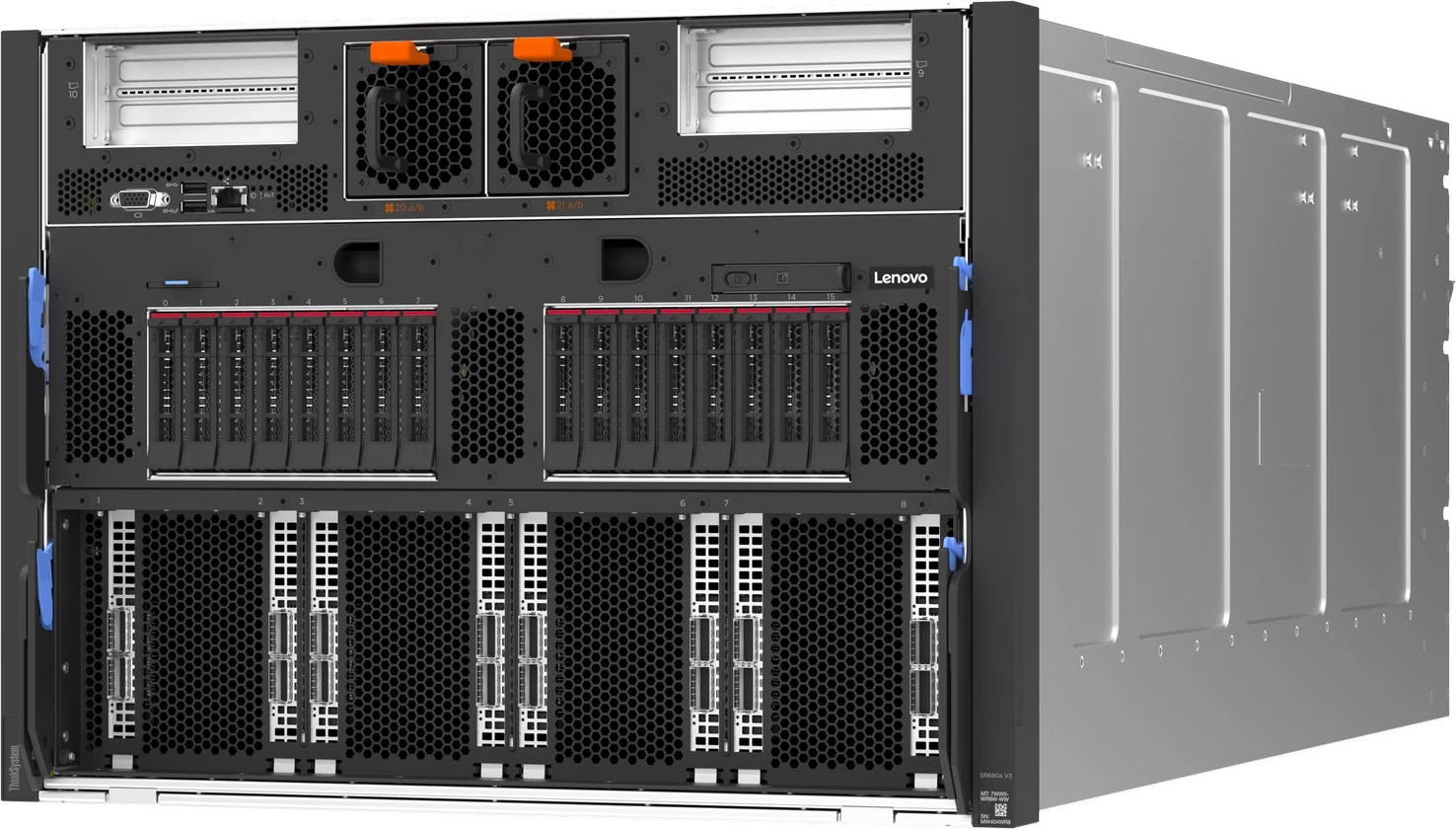 Lenovo ThinkSystem SR680a V3 with B200, front three-quarter view: upper slots and fans, 16 NVMe bays, eight lower adapter slots