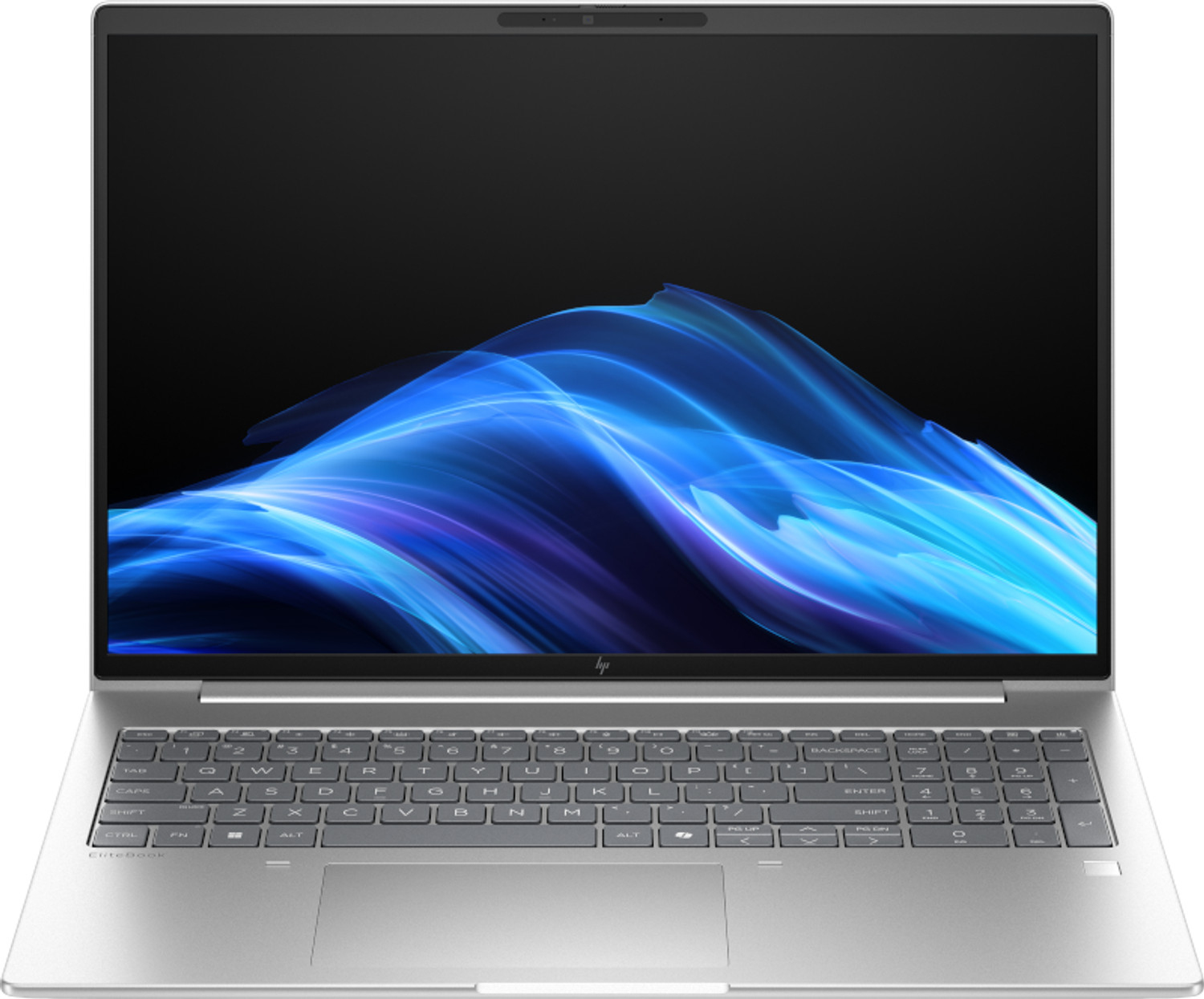 HP EliteBook 6 G1i Notebook AI PC in Pike Silver, open at an angle showing the backlit keyboard and WUXGA display