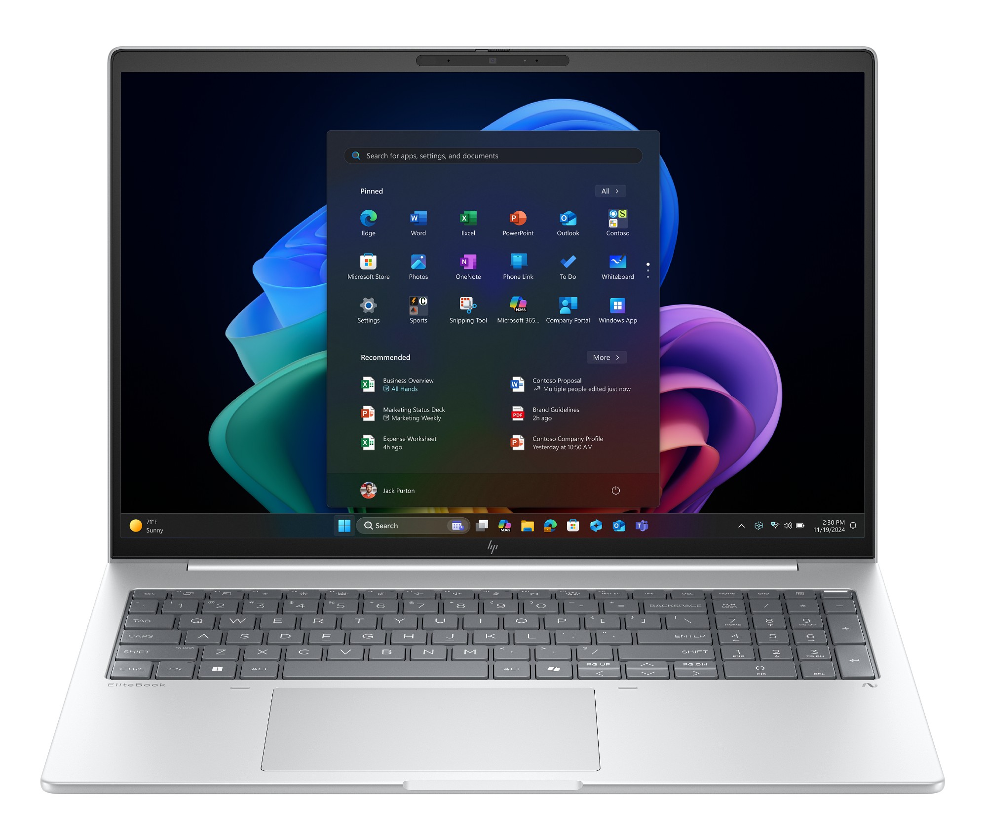 HP EliteBook 8 G1a business laptop open at an angle, aluminium chassis with backlit keyboard and 16:10 display