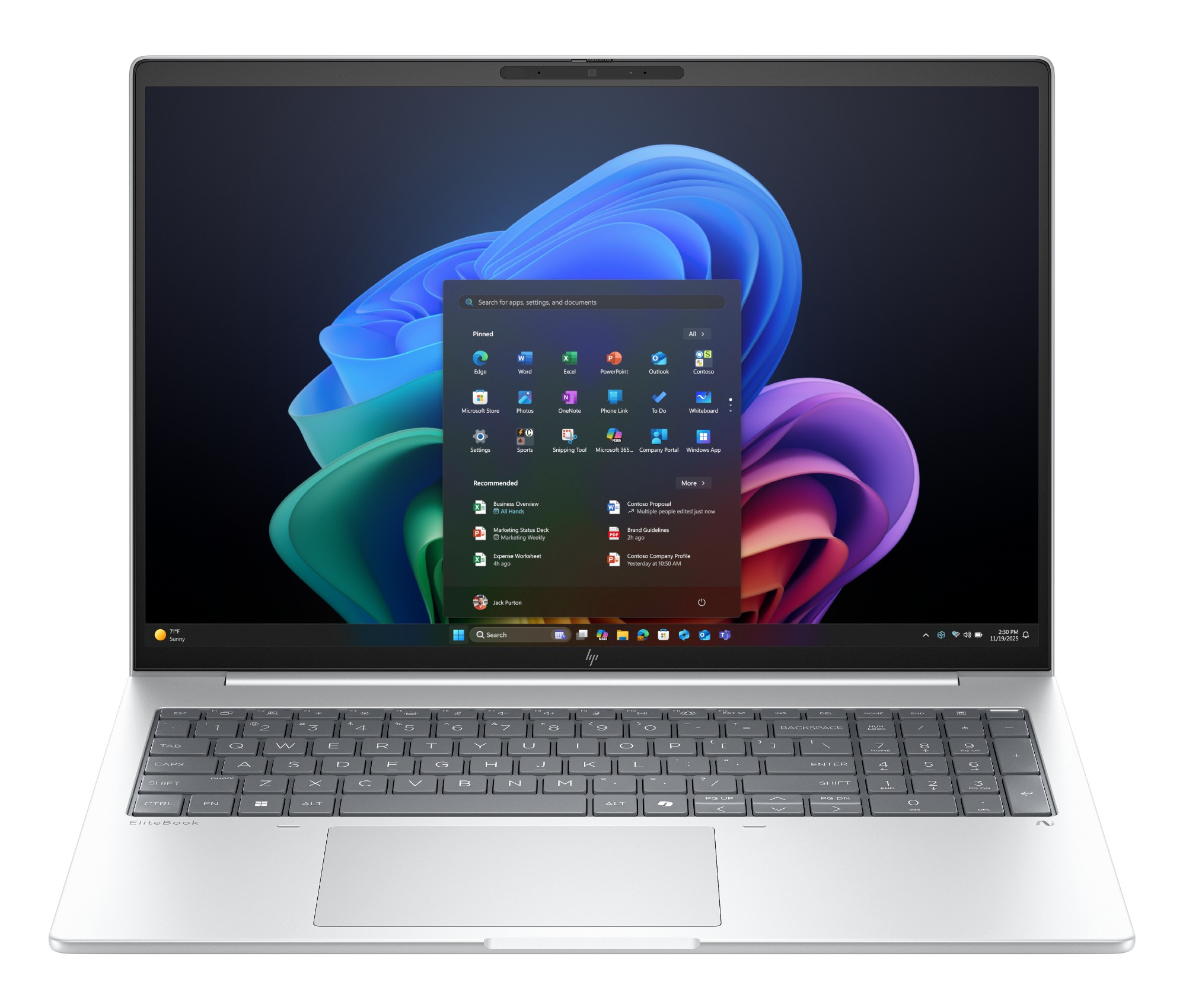 HP EliteBook 8 G1i business laptop in Glacier Silver, open at a front three-quarter angle showing the backlit keyboard and display
