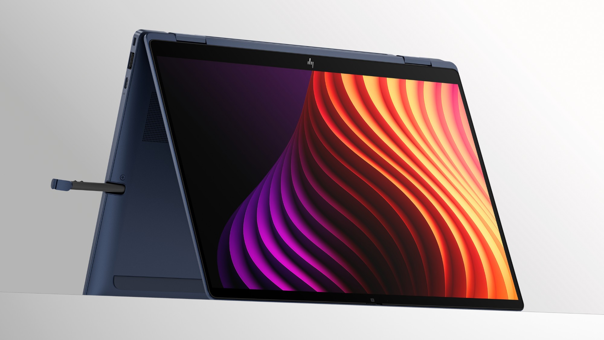 HP EliteBook X Flip G2i 14 inch in Atmospheric Blue folded into tablet mode with touchscreen
