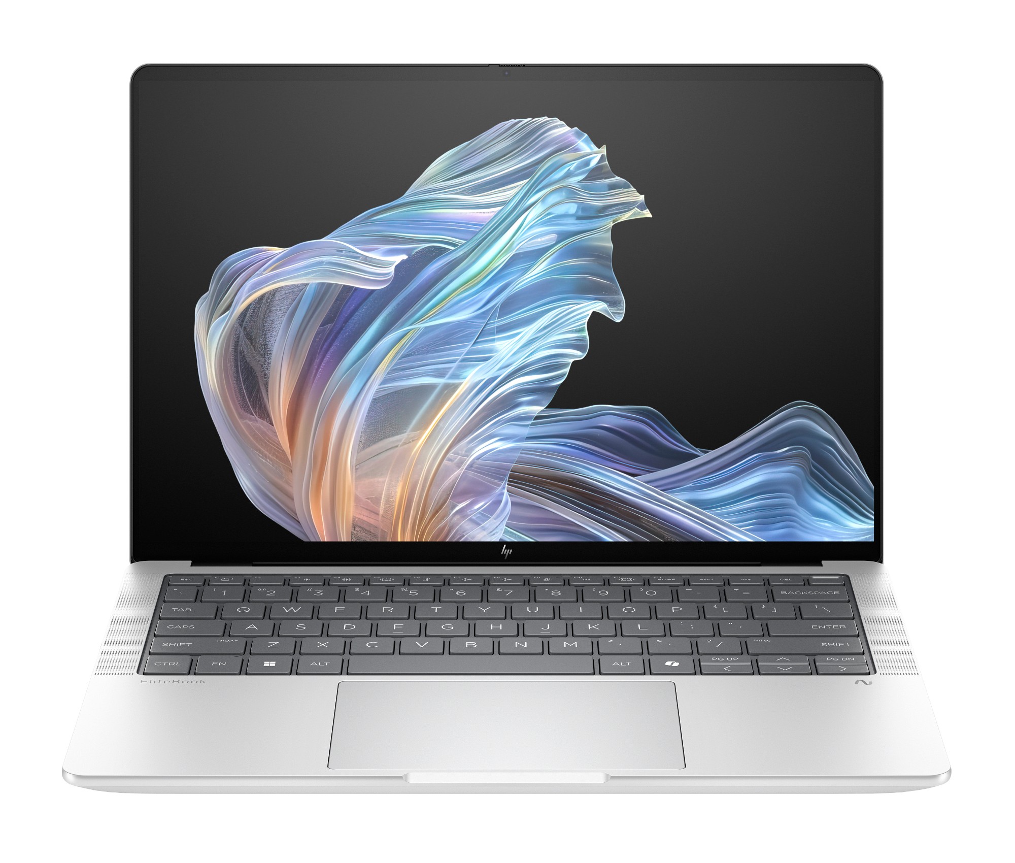 HP EliteBook X G1a 14-inch Next Gen AI PC in Glacier Silver, open at an angle showing the 2.8K OLED touchscreen and backlit keyboard