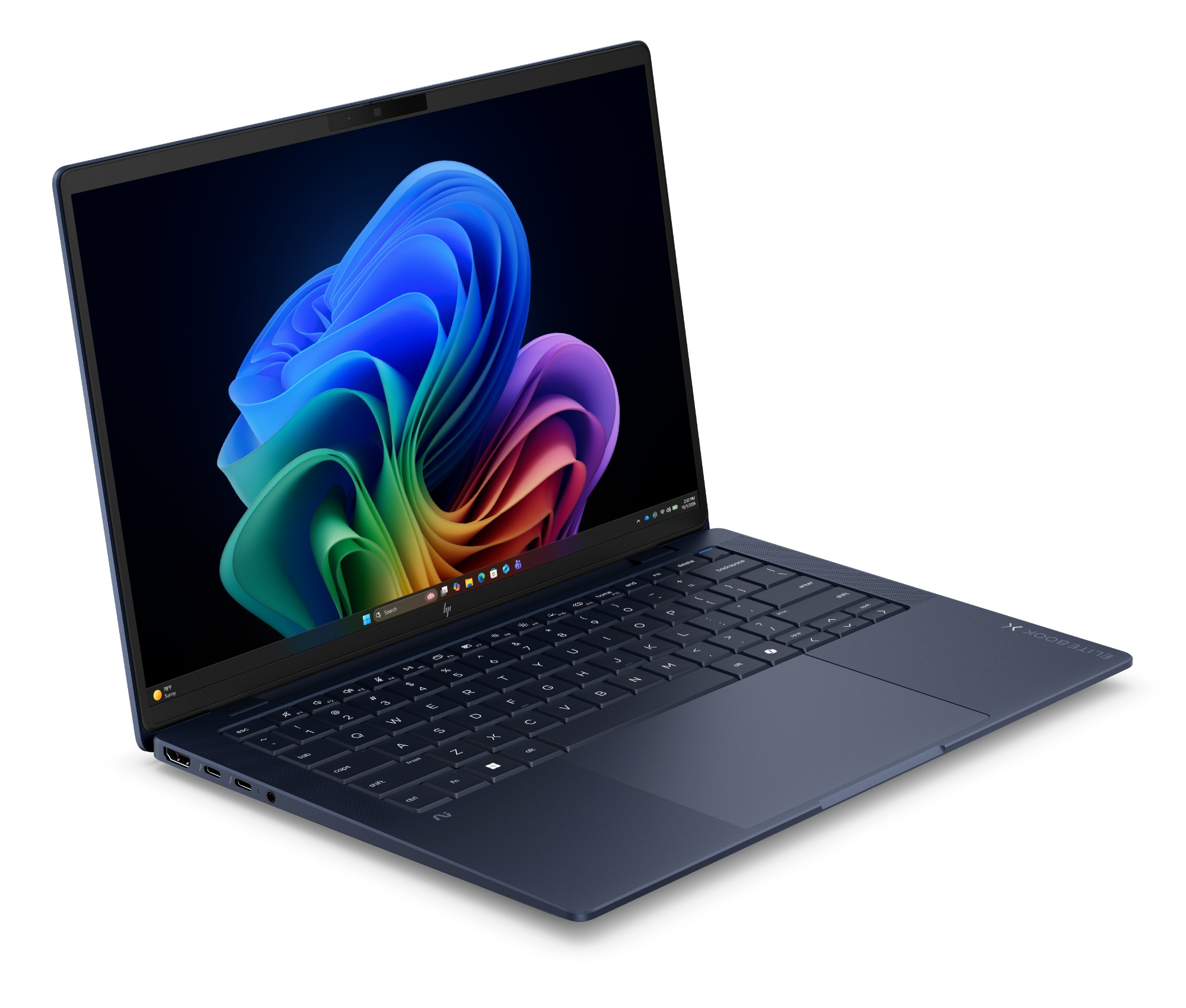 HP EliteBook X G2 14 inch AI laptop side profile showing the thin chassis and USB-C, USB-A and HDMI 2.1 ports