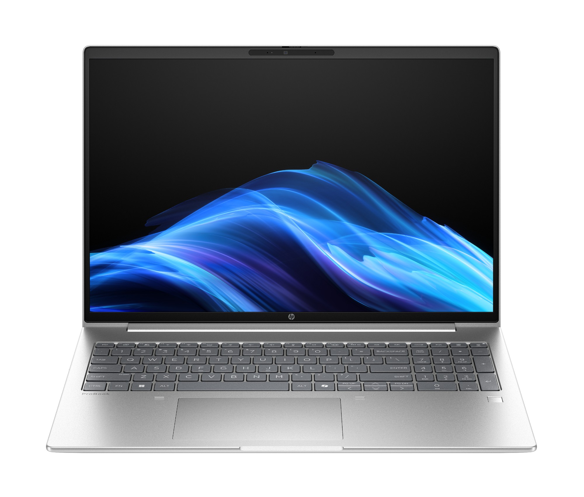 HP ProBook 4 G1a 16-inch AI PC in Pike Silver, open front three-quarter view