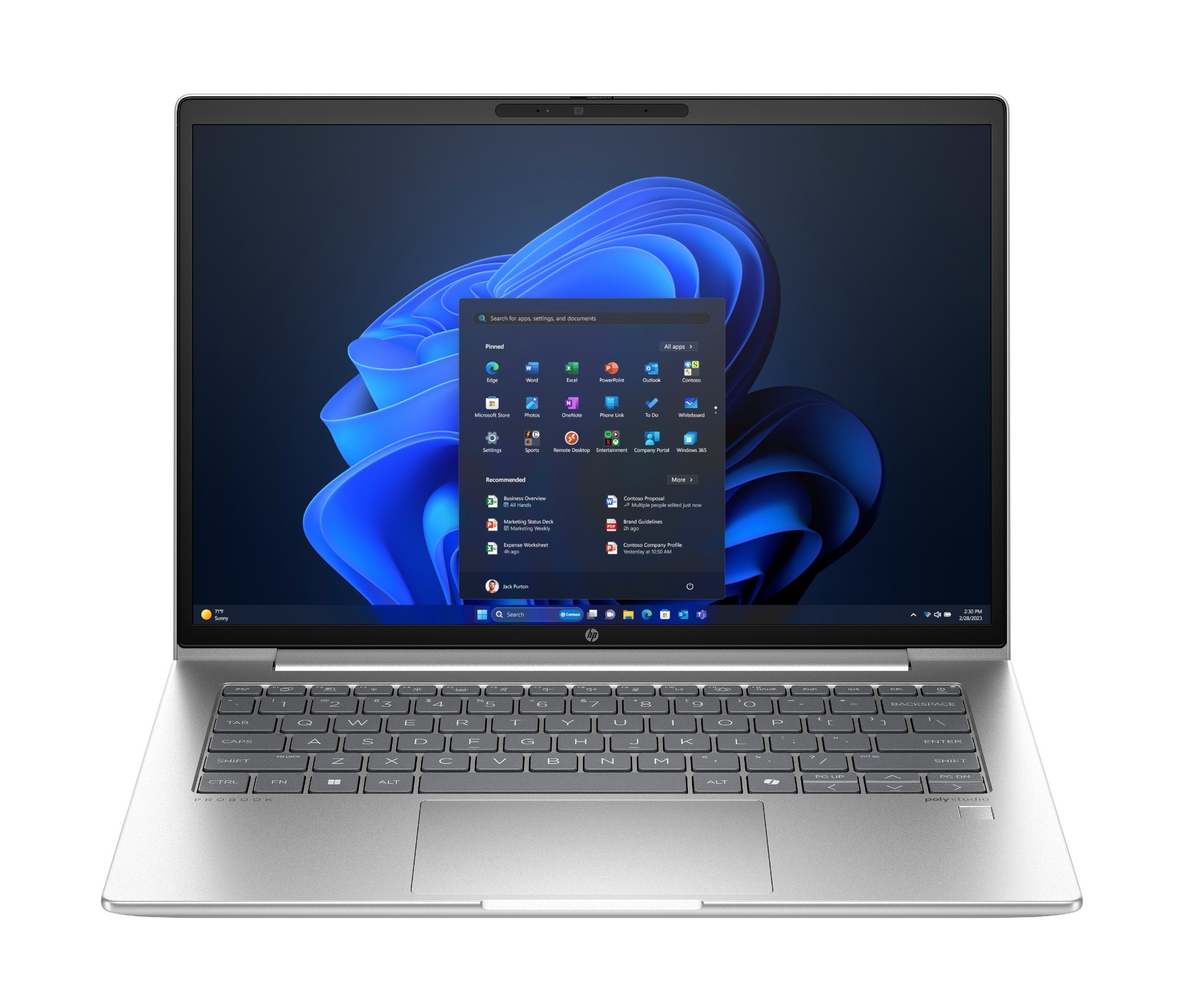 HP ProBook 440 G11 14-inch business laptop in Pike silver, open at an angle showing the 16:10 WUXGA display and keyboard