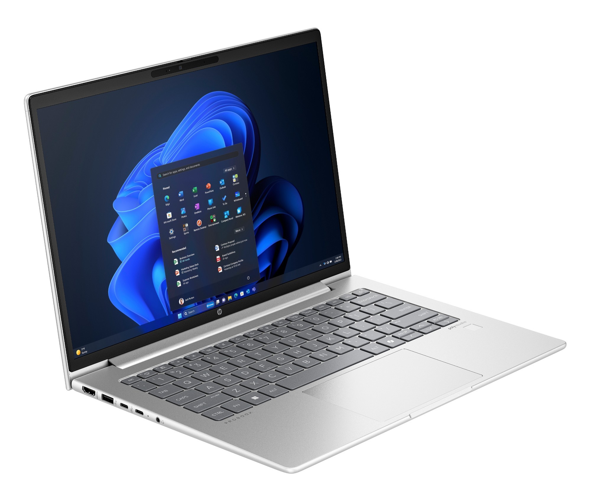 HP ProBook 440 G11 side profile showing the slim aluminium chassis and USB-C, USB-A, HDMI and RJ-45 ports