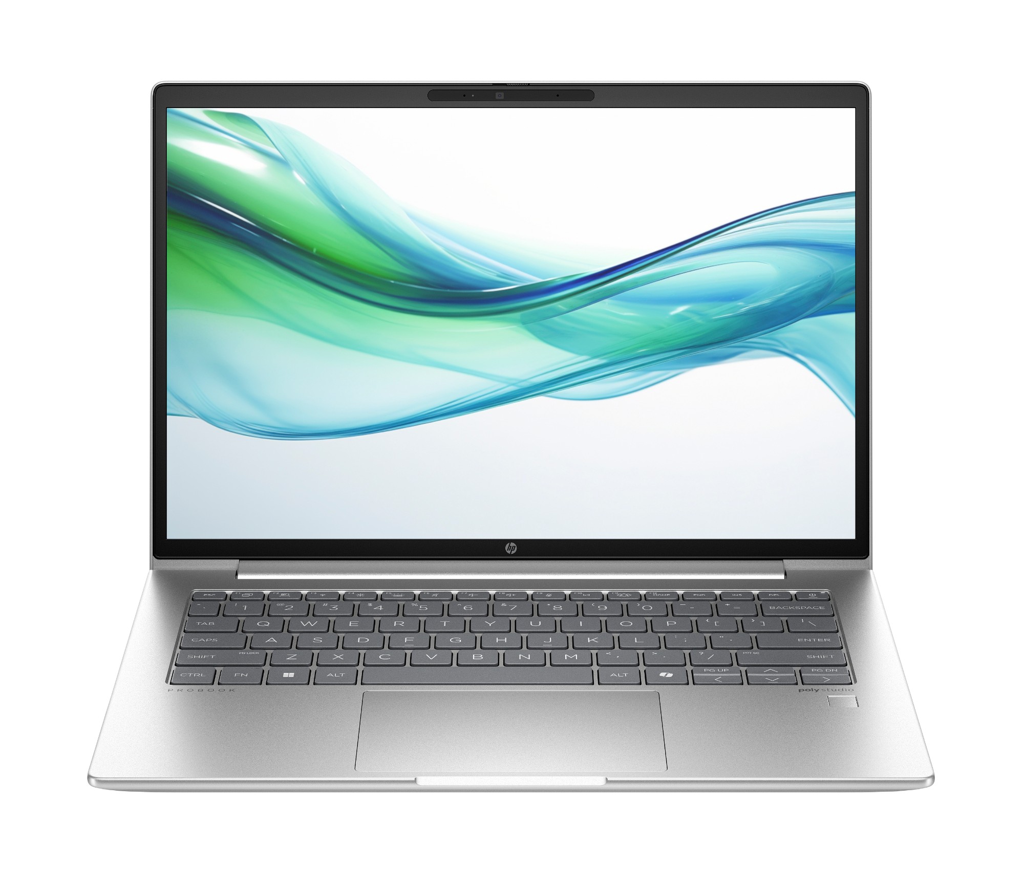 HP ProBook 445 G11 14-inch AMD Ryzen business laptop in Pike Silver, open front view
