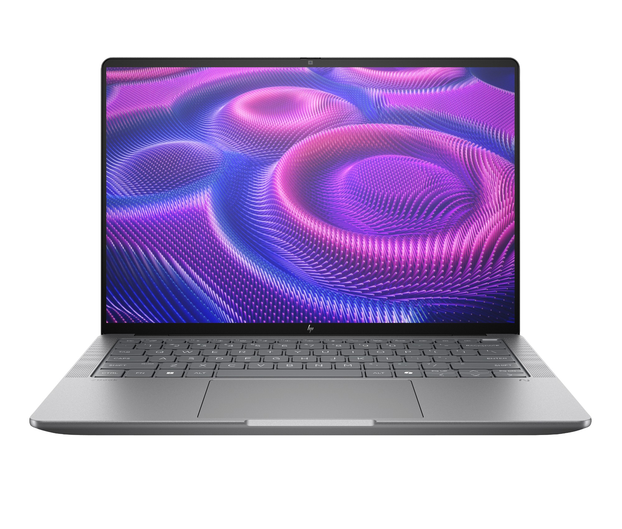 HP ZBook Ultra 14 inch G1a mobile workstation in Meteor Silver, open at an angle showing the 2.8K OLED touch display and backlit keyboard