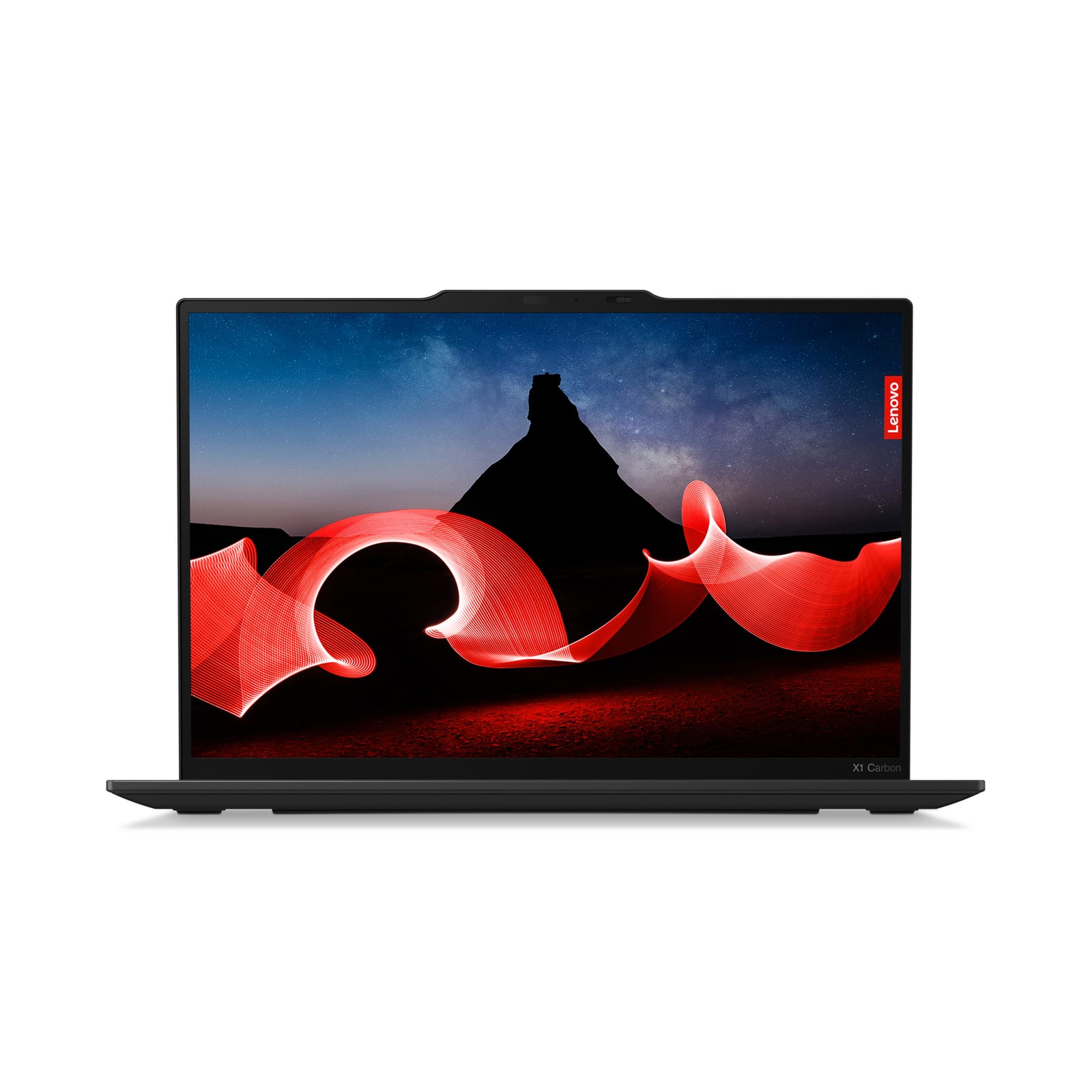 Lenovo ThinkPad X1 Carbon Gen 12 — angled view of the black carbon-fibre chassis, backlit UK keyboard and TrackPoint