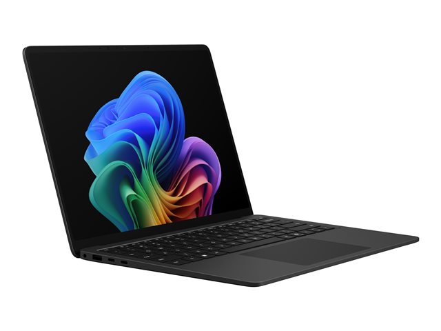Microsoft Surface Laptop 8 for Business in Black, three-quarter view showing the anodised aluminium chassis and haptic touchpad